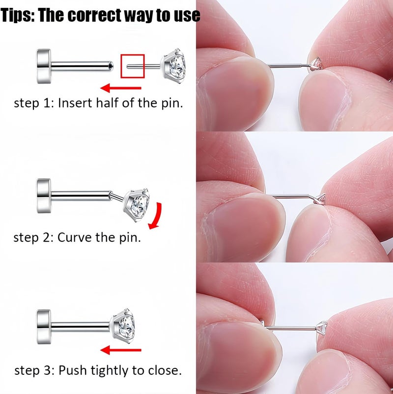 PunkTracker 16g/18g/20g Titanium Steel Threadless Flat Back Cartilage Earrings for Helix/Tragus/Conch/Daith/Earlobe - Nose Studs Lip Rings Labret Monroe Piercing Jewelry for Women Men 2PCS - Image 5